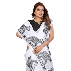 Generic Women's Linen Cotton Printed Saree With Unstitched Blouse 5.5Mtr (White)