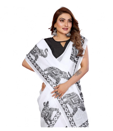 Generic Women's Linen Cotton Printed Saree With Unstitched Blouse 5.5Mtr (White)
