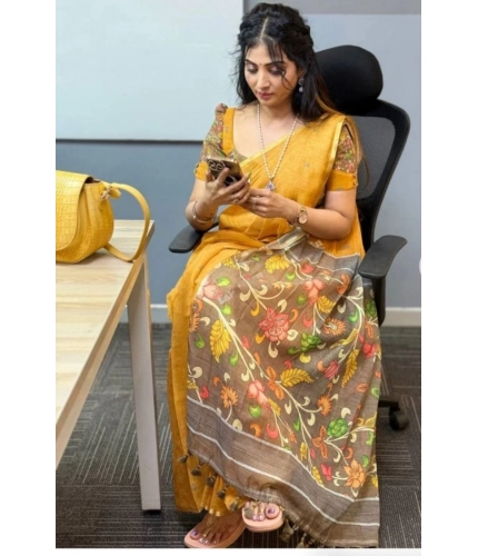 Generic Women's Linen Printed Saree With Unstitched Blouse 5.5Mtr (Mustard)