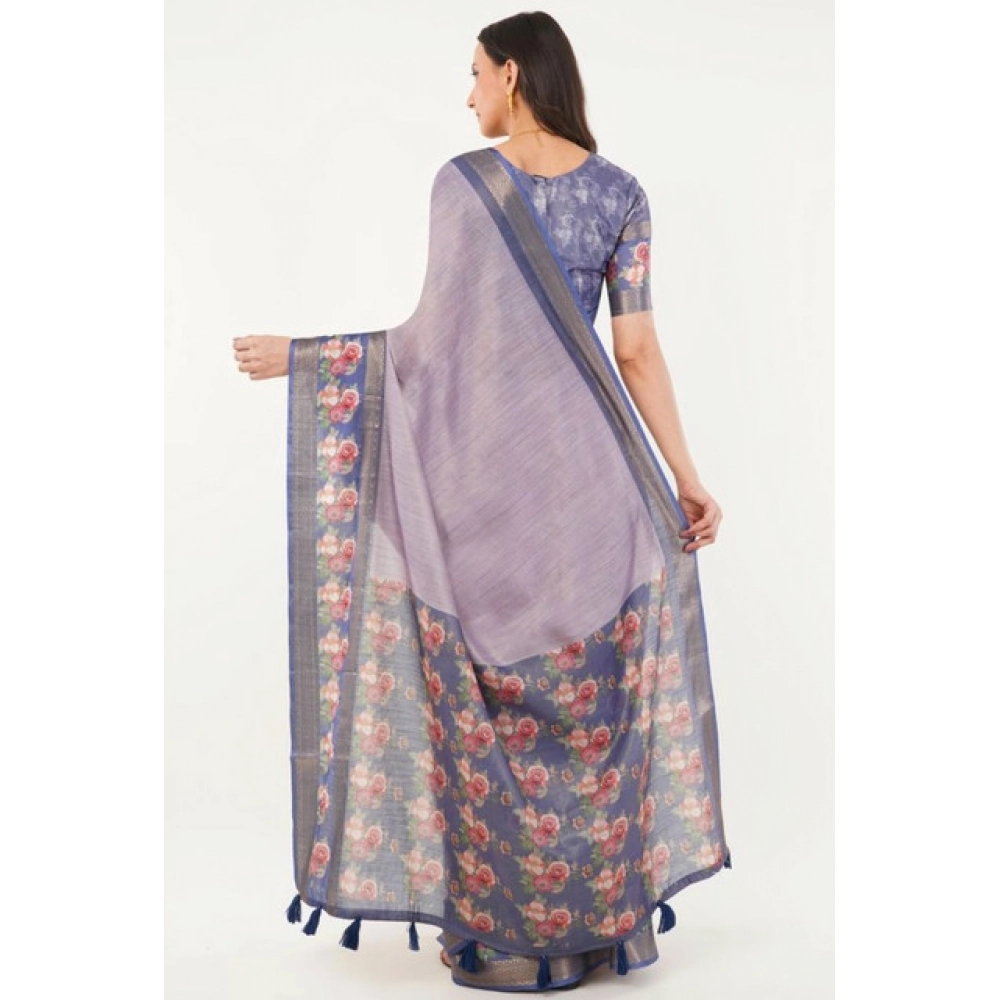 Women's Polyester Printed Saree With Unstitched Blouse 5.5 Mtr (Purple)