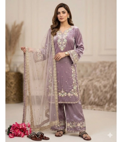 Generic Women's Silk Embroidered 3/4th Sleeve Round Kurti With Palazzo Pant and Dupatta Set (Lavender)