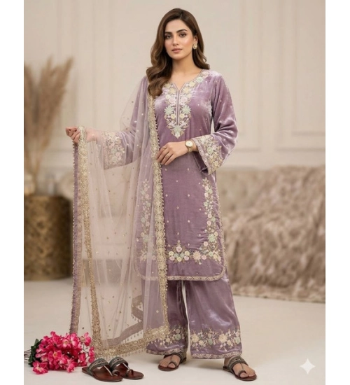Generic Women's Silk Embroidered 3/4th Sleeve Round Kurti With Palazzo Pant and Dupatta Set (Lavender) Generic Women's Silk Embroidered 3/4th Sleeve Round Kurti With Palazzo Pant and Dupatta Set (Lavender)