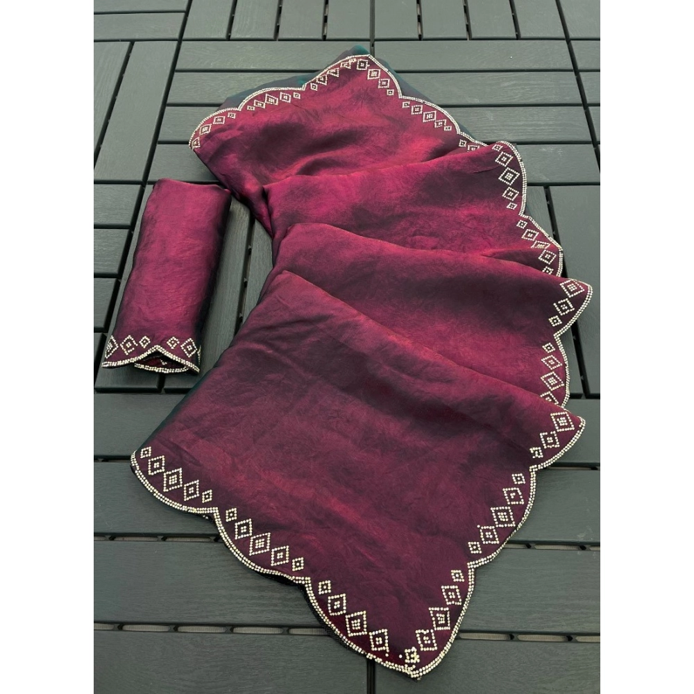 Generic Women's Satin Embellished Saree With Unstitched Blouse 5.5Mtr (Burgundy)