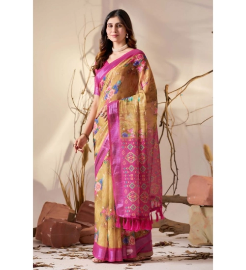 Generic Women's Faux_Linen Printed Saree With Unstitched Blouse 5.5Mtr (Gold)