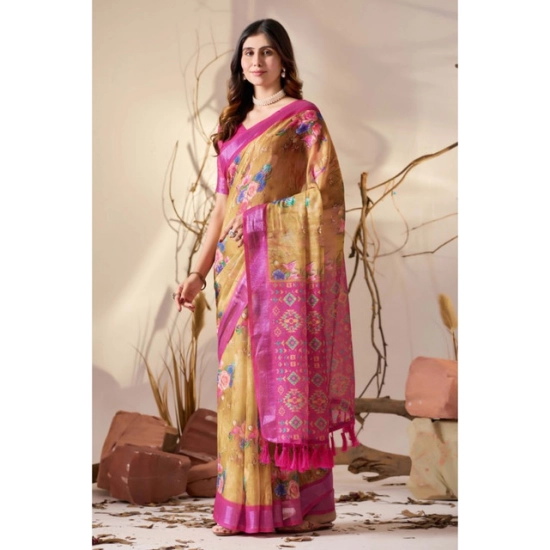 Generic Women's Faux_Linen Printed Saree With Unstitched Blouse 5.5Mtr (Gold) Generic Women's Faux_Linen Printed Saree With Unstitched Blouse 5.5Mtr (Gold)