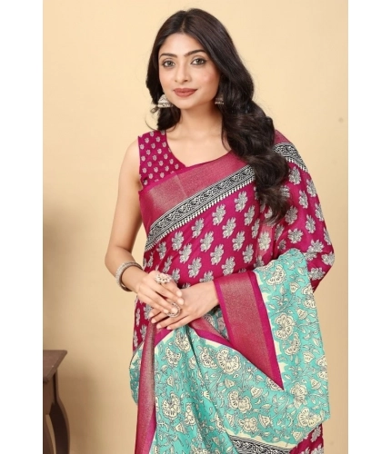 Generic Women's Cotton Blend Printed Saree With Unstitched Blouse 5.5Mtr (Multicolor)