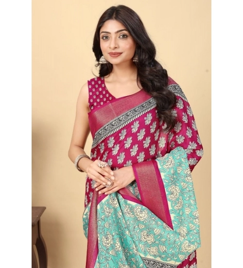 Generic Women's Cotton Blend Printed Saree With Unstitched Blouse 5.5Mtr (Multicolor)