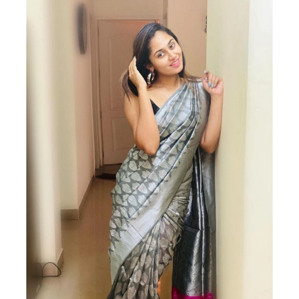 Generic Women's Soft Litchi Silk Jacquard Work Saree With Unstitched Blouse 5.5Mtr (Gray)