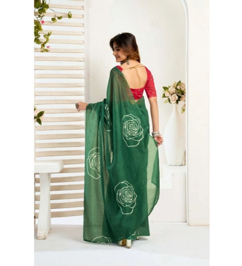 Generic Women's Faux_Linen Printed Ready-to-Wear Saree With Unstitched Blouse 5.5 Mtr (Dark_Green)