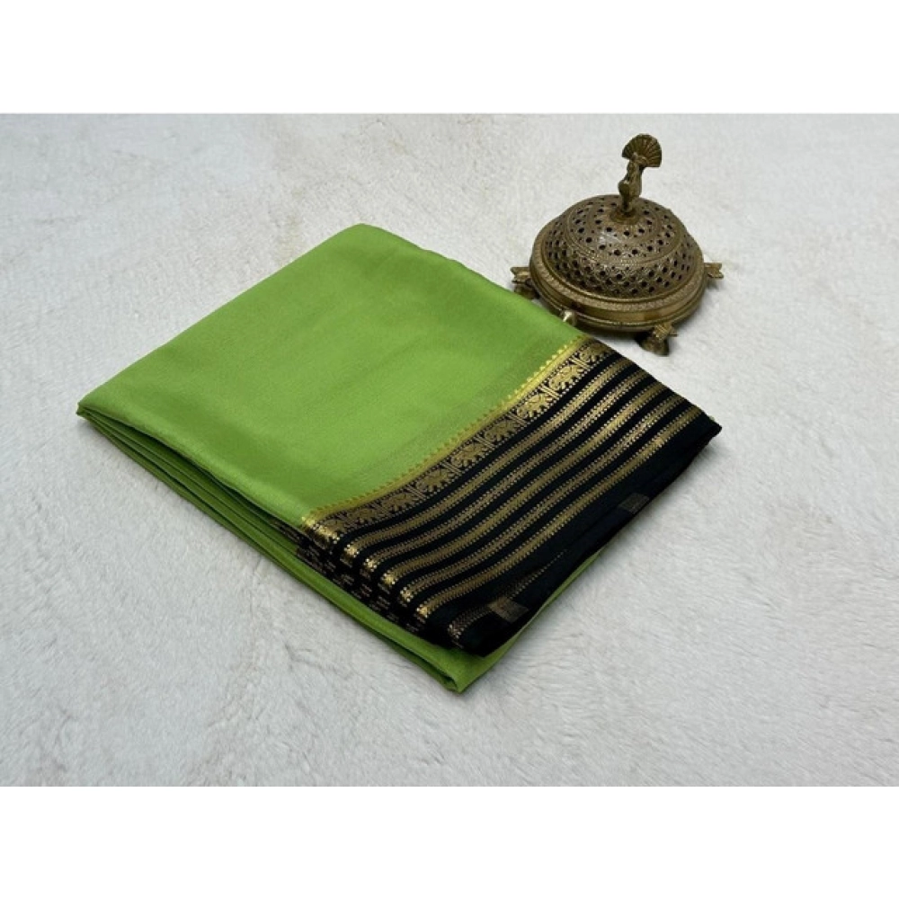 Generic Women's Crepe Chit Pallu Solid Saree With Unstitched Blouse 5.5Mtr (Green)