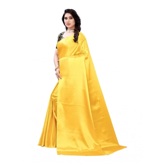 Generic Women's Satin Printed Saree With Unstitched Blouse 5.5Mtr (Yellow)