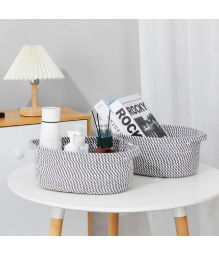 Generic Cotton 10x7x4 Inch 2 Pcs Oval Storage Basket For Clothes (Grey)
