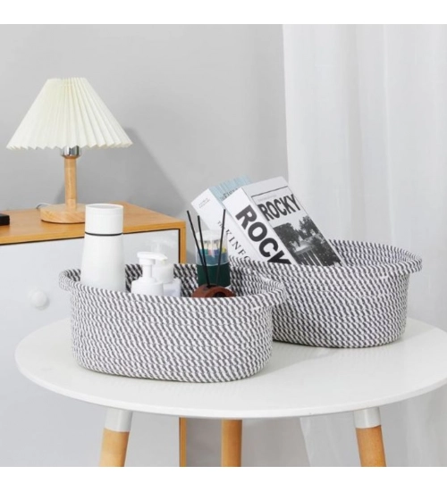 Generic Cotton 10x7x4 Inch 2 Pcs Oval Storage Basket For Clothes (Grey)