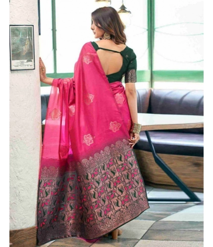 Generic Women's Soft Lichi Silk Printed Saree With Unstitched Blouse 5.5Mtr (Pink)