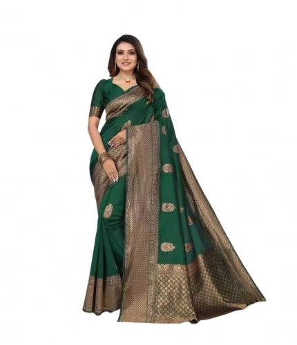 Generic Women's Soft Lichi Silk Printed Saree With Unstitched Blouse 5.5Mtr (Green)