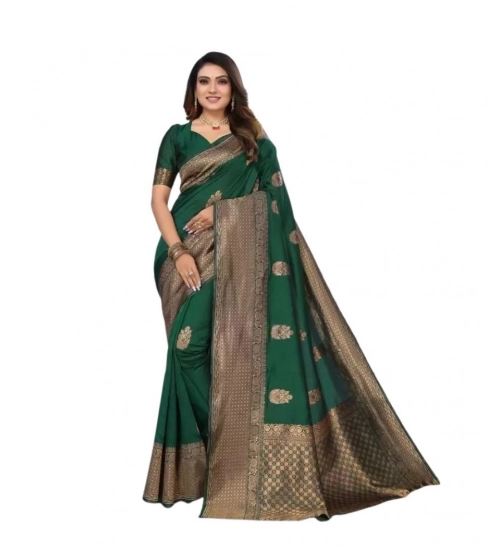 Generic Women's Soft Lichi Silk Printed Saree With Unstitched Blouse 5.5Mtr (Green)
