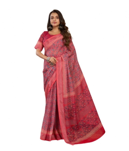 Generic Women's Faux Linen Geometric Print Ready to wear Saree With Unstitched Blouse 5.5Mtr (Red)