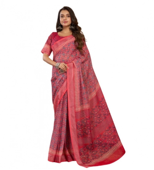 Generic Women's Faux Linen Geometric Print Ready to wear Saree With Unstitched Blouse 5.5Mtr (Red) Generic Women's Faux Linen Geometric Print Ready to wear Saree With Unstitched Blouse 5.5Mtr (Red)