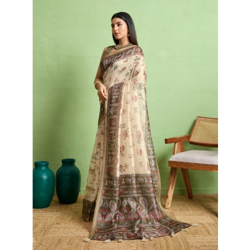 Women's Silk Blend Printed Saree With Unstitched Blouse 5.5Mtr (Cream) Women's Silk Blend Printed Saree With Unstitched Blouse 5.5Mtr (Cream)
