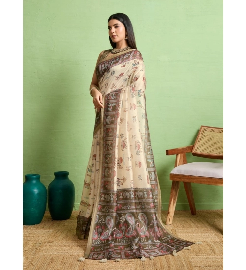 Generic Women's Silk Blend Printed Saree With Unstitched Blouse 5.5Mtr (Cream)