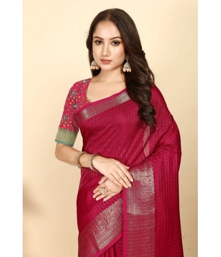 Generic Women's Cotton Blend Checkered Saree With Unstitched Blouse 5.5Mtr (Red)
