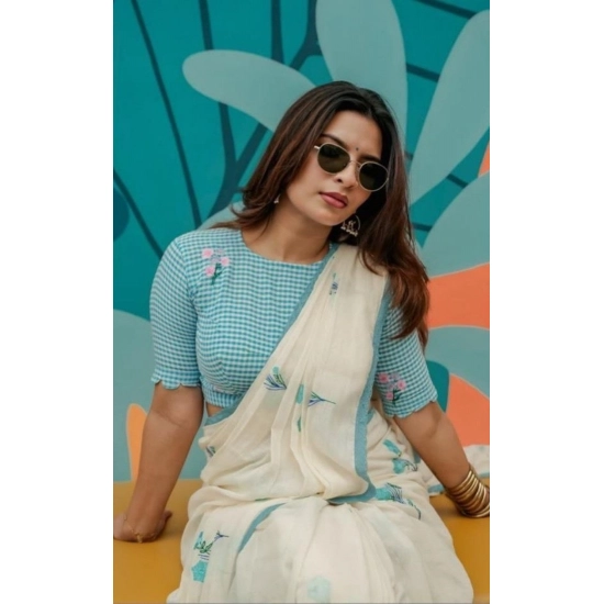 Generic Women's Linen Printed Saree With Unstitched Blouse 5.5Mtr (White)