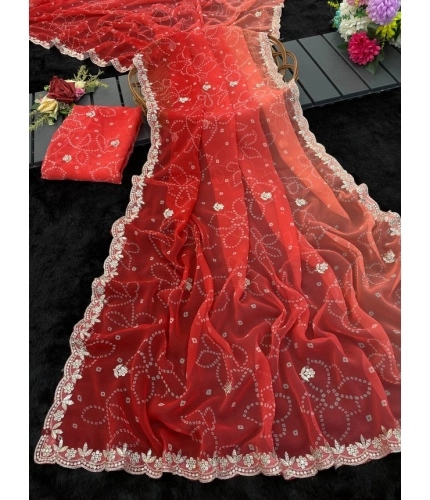 Generic Women's Digital Printed  Georgette Saree With Unstitched Blouse (Red, 5-6 Mtrs)