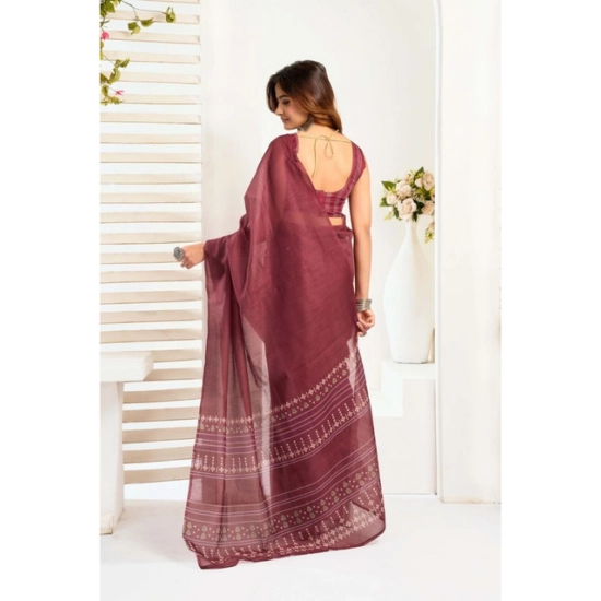 Generic Women's Linen Cotton Printed Ready To Wear With Pocket Saree With Unstitched Blouse 5.5 Mtr (Maroon)