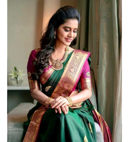 Generic Women's Soft Litchi Silk Jacquard Work Saree With Unstitched Blouse 5.5Mtr (Green)