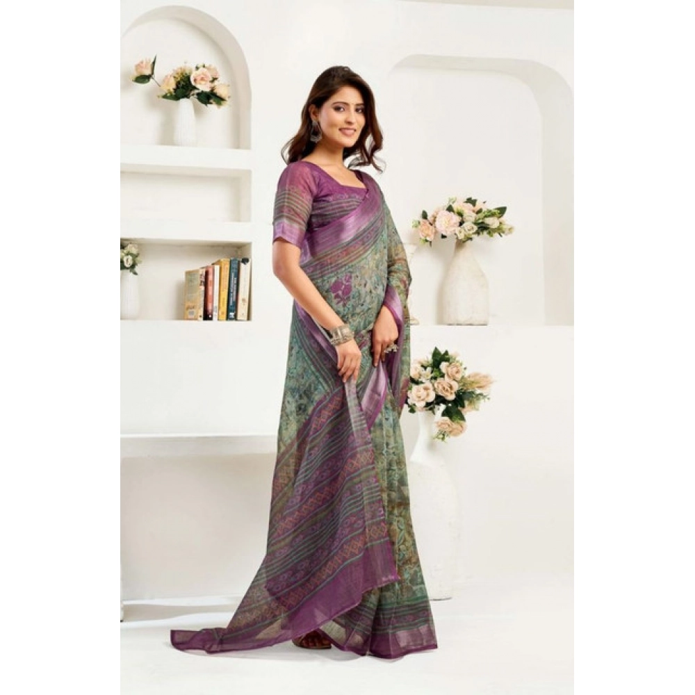 Generic Women's Faux Linen Printed Ready to wear Saree With Unstitched Blouse 5.5Mtr (Multicolor)
