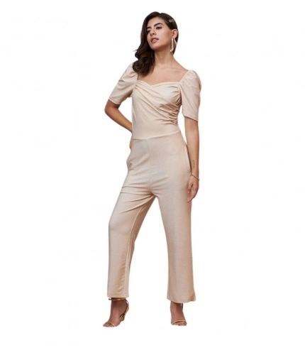 Generic Women's Polyester Shimmer Self Design Short Sleeve Jumpsuit (Gold)