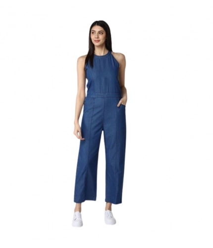 Generic Women's Denim Solid Sleeveless Jumpsuit (Blue)