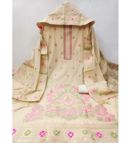 Generic Women's Banarasi Silk Printed Unstitched Salwar Suit Material With Dupatta (Cream, 3Mtrs)