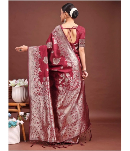 Generic Women's Banarasi Silk Printed Saree With Unstitched Blouse 5.5Mtr (Maroon)