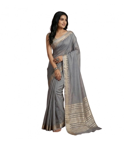 Generic Women's Cotton Printed Saree With Unstitched Blouse 5.5Mtr (Gray)
