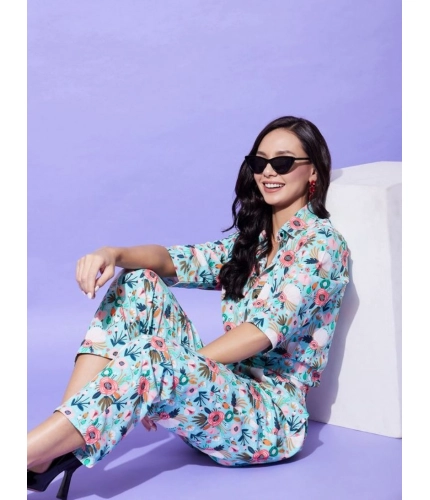 Generic Women's Polyester Floral 3-4th Sleeve Co-Ord Set (Multicolor)