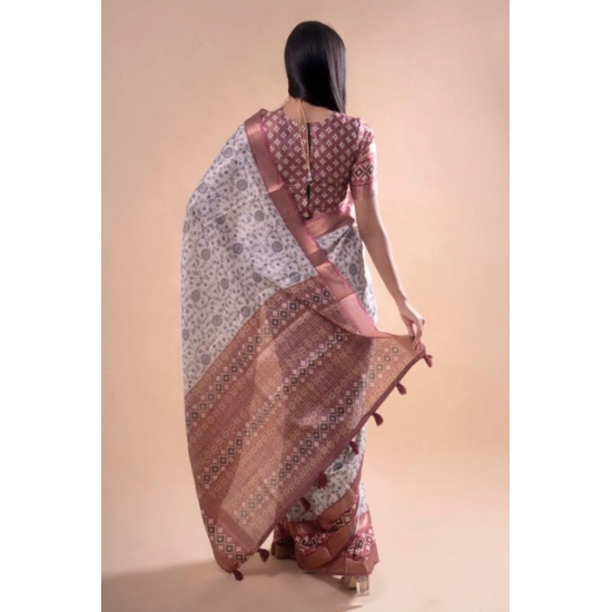 Generic Women's Polyester Printed Saree With Unstitched Blouse 5.5 Mtr (Off-White)