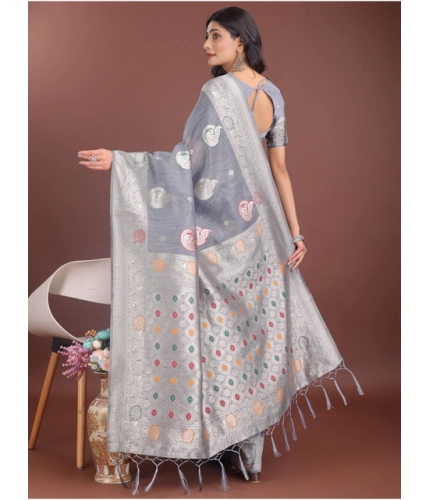 Generic Women's Linen Cotton Printed Saree With Unstitched Blouse 5.5Mtr (Grey)