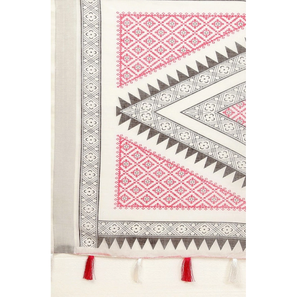 Women's Linen Printed Saree With Unstitched Blouse 5.5Mtr (Multicolor)