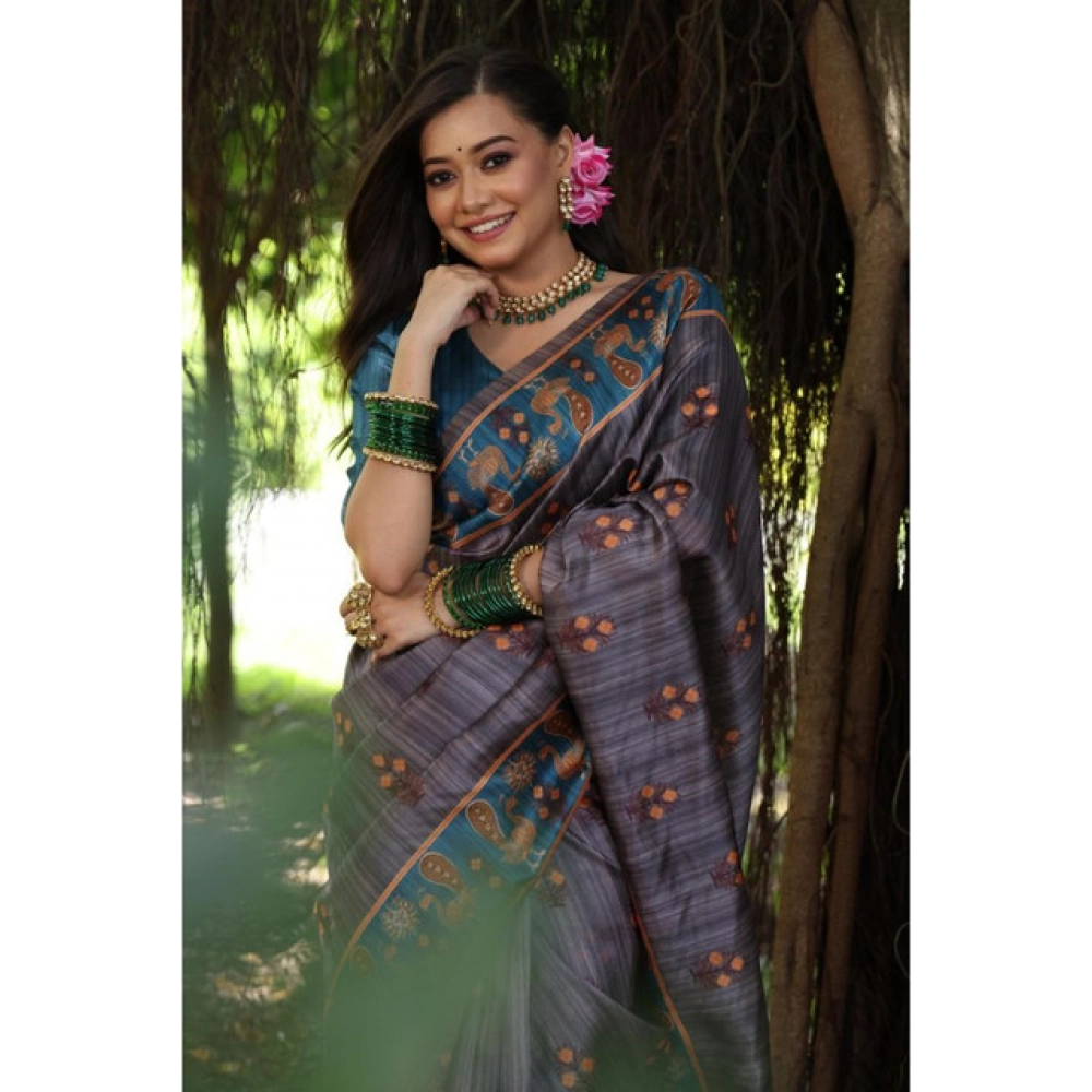 Generic Women's Faux_Tussar_Silk Printed Saree With Unstitched Blouse 5.5Mtr (Grey)