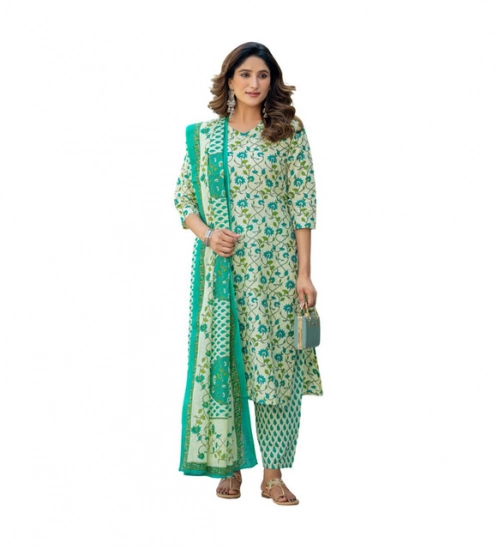 Generic Women's Cotton Blend Printed Kurti With Pant Dupatta Set (Pista)