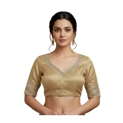 Generic Women's Vichitra Silk V Neck Padded Blouse (Beige, 38 Ready Size (Self-Alterable 36–40)