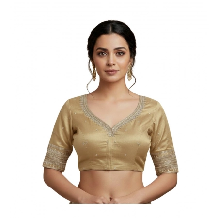 Generic Women's Vichitra Silk V Neck Padded Blouse (Beige, 38 Ready Size (Self-Alterable 36–40)