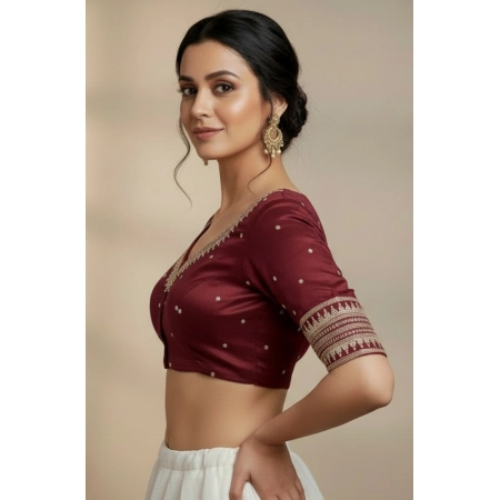 Generic Women's Vichitra Silk V Neck Padded Blouse (Maroon, 38 Ready Size (Self-Alterable 36–40)