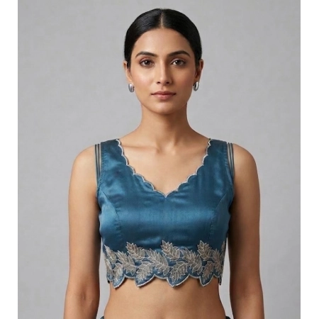Generic Women's Silk Embroidered Sweetheart Neck Sleeveless Readymade Padded Blouse (Blue, Size 38)
