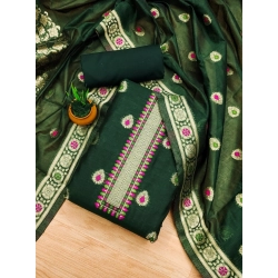 Generic Women's Banarasi Silk Printed Unstitched Salwar Suit Material With Dupatta (Bottle Green, 3Mtrs)