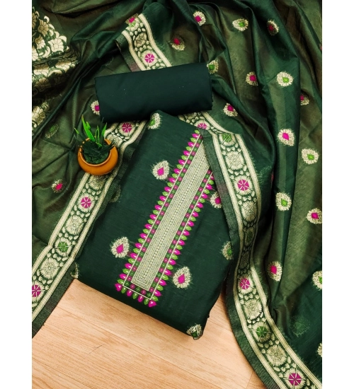 Generic Women's Banarasi Silk Printed Unstitched Salwar Suit Material With Dupatta (Bottle Green, 3Mtrs)