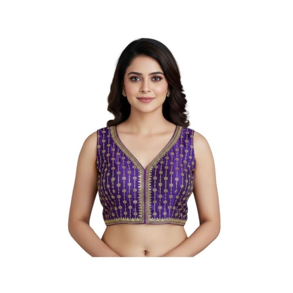 Women's Silk Blend Embroidered V-Neck Non Padded Blouse (Purple 38 Ready (Alterable up to 42)