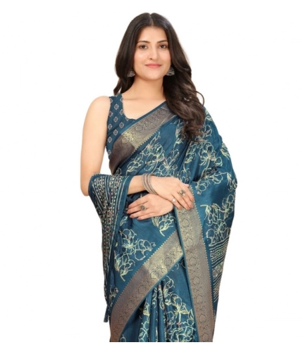 Generic Women's Cotton Silk Floral Printed Saree With Unstitched Blouse 5.5Mtr (Blue)