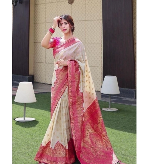 Generic Women's Litchi silk Printed Saree With Unstitched Blouse (Half White)